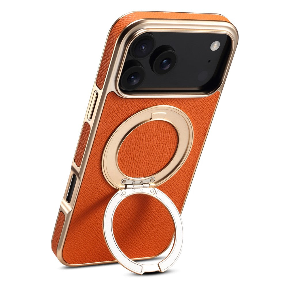 For iPhone 17 Pro Max Kickstand Case Genuine Cow Leather Back Cover Compatible with MagSafe - Orange