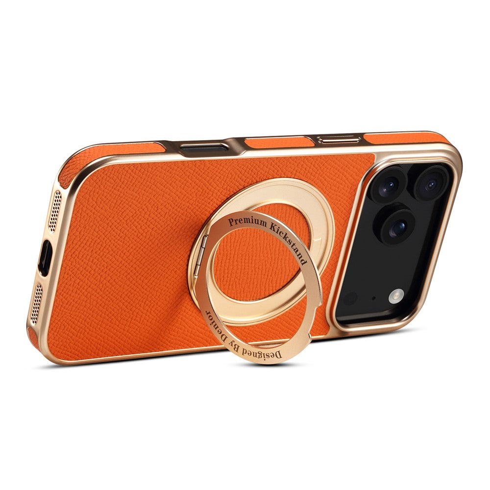 For iPhone 17 Pro Max Kickstand Case Genuine Cow Leather Back Cover Compatible with MagSafe - Orange
