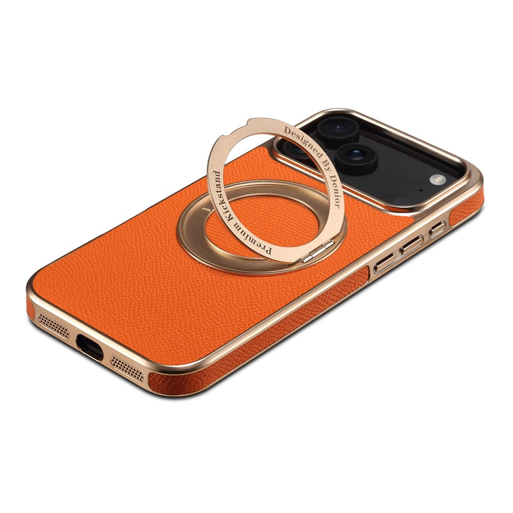 For iPhone 17 Pro Max Kickstand Case Genuine Cow Leather Back Cover Compatible with MagSafe - Orange