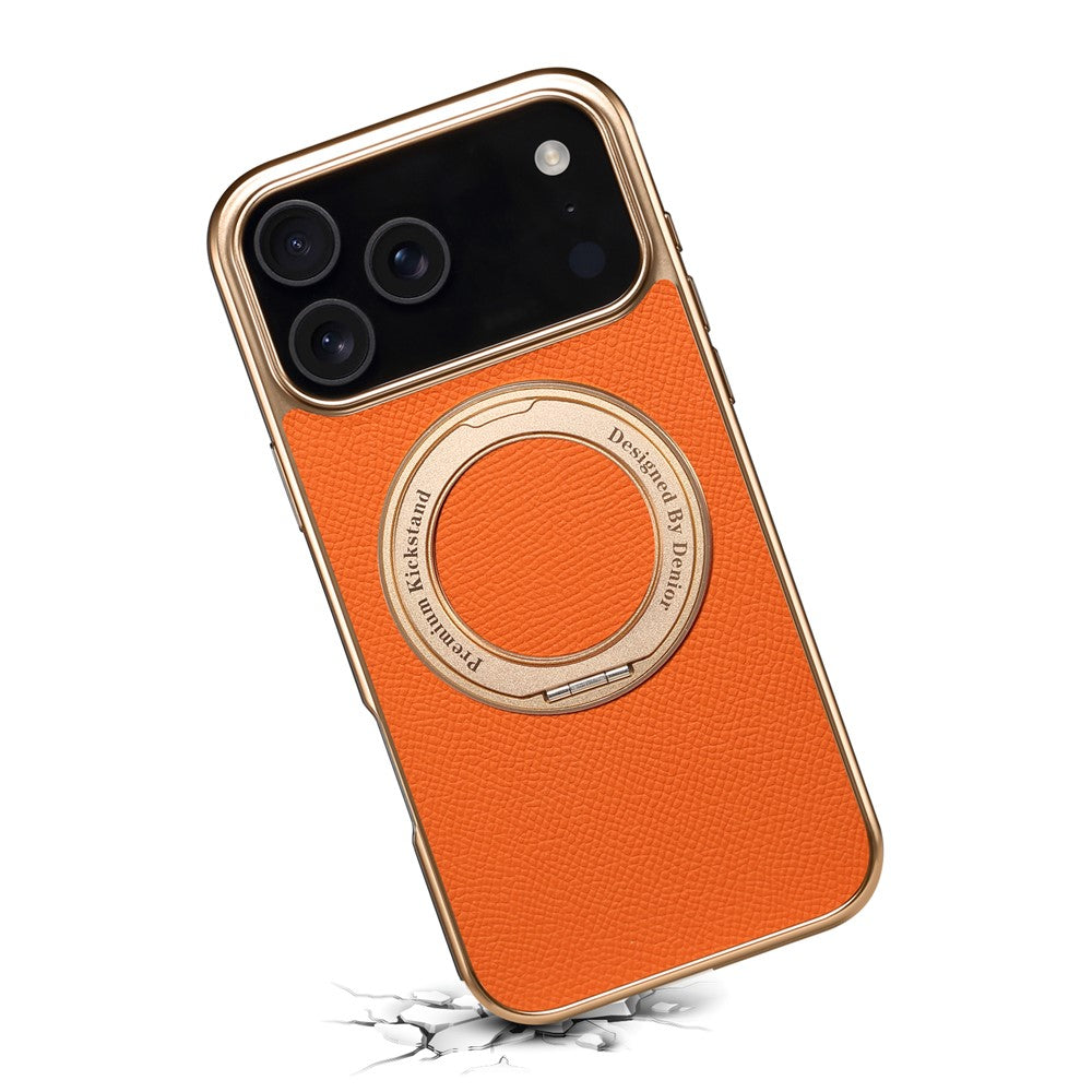 For iPhone 17 Pro Max Kickstand Case Genuine Cow Leather Back Cover Compatible with MagSafe - Orange