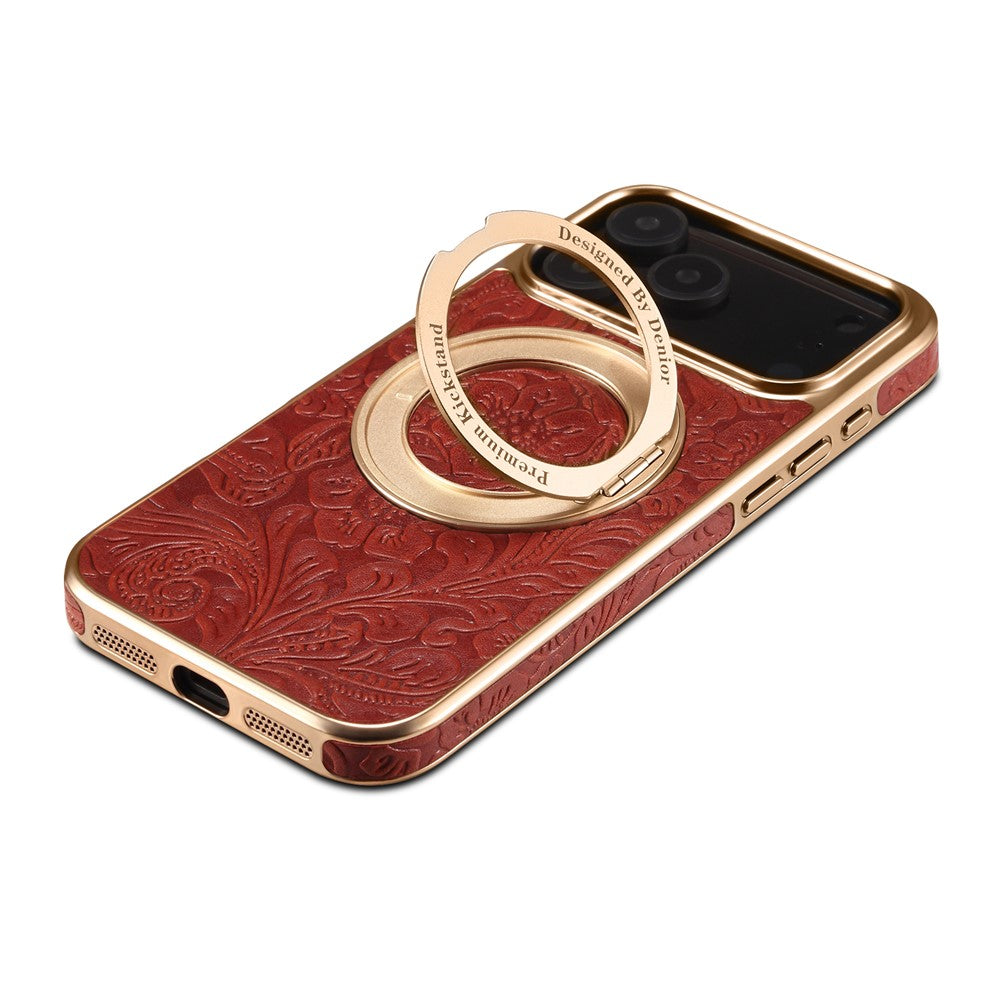 For iPhone 17 Pro Max Kickstand Phone Case Flower Imprint Genuine Cow Leather Back Cover Compatible with MagSafe - Red