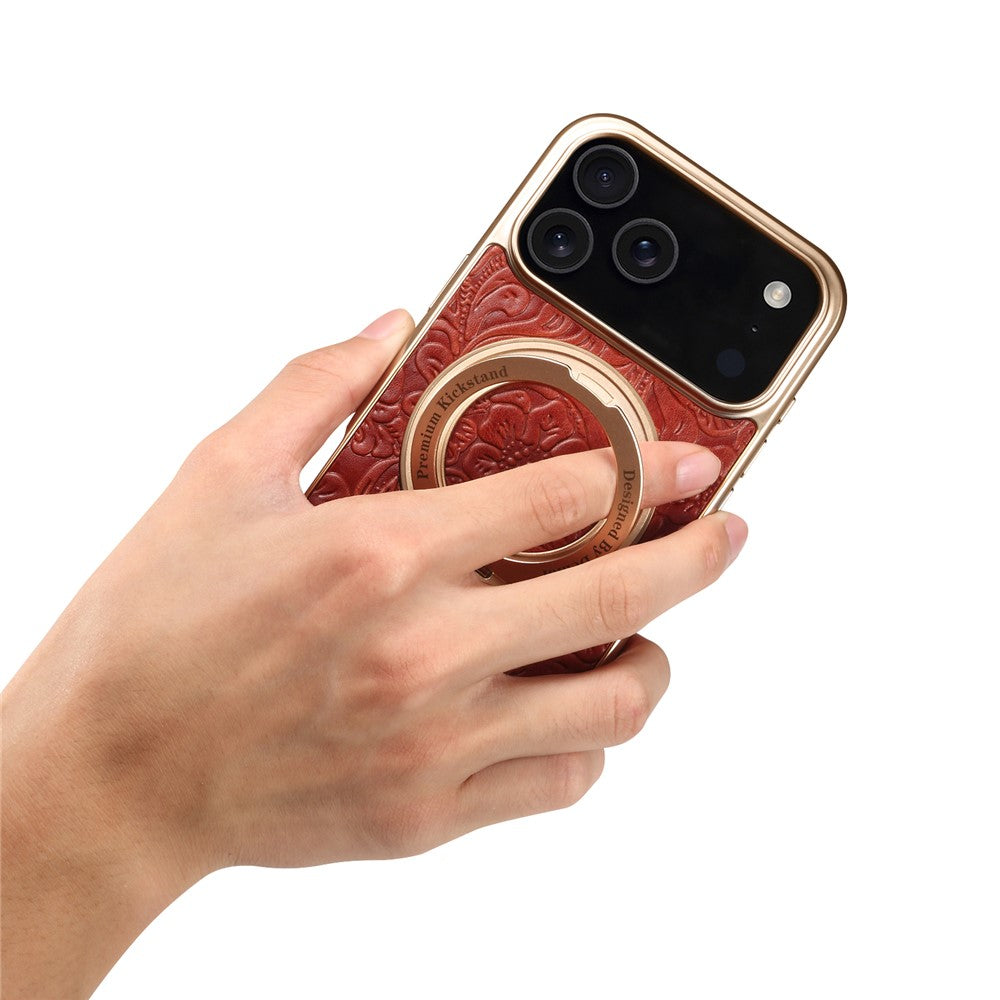 For iPhone 17 Pro Max Kickstand Phone Case Flower Imprint Genuine Cow Leather Back Cover Compatible with MagSafe - Red