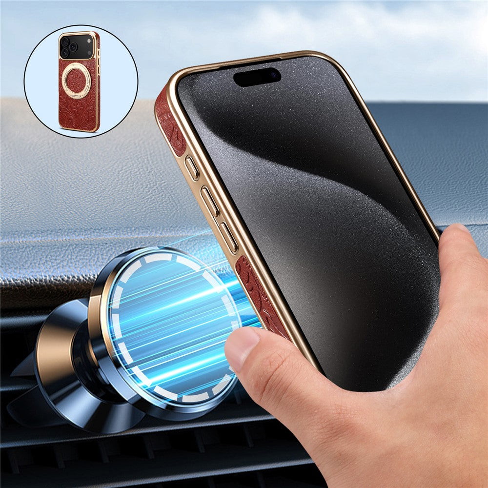 For iPhone 17 Pro Max Kickstand Phone Case Flower Imprint Genuine Cow Leather Back Cover Compatible with MagSafe - Red