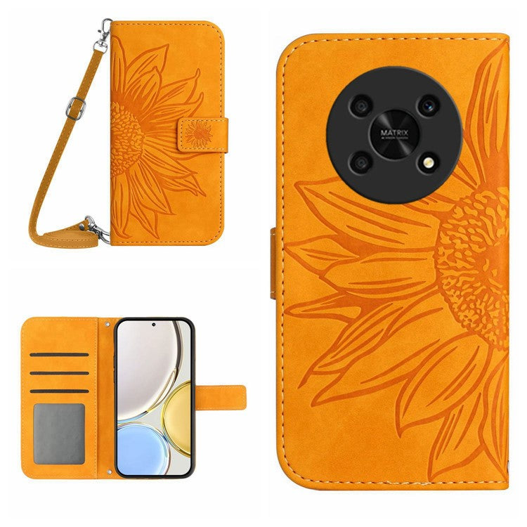Cell Phone Case For Honor Magic4 Lite 5G, Skin-touch Imprinted Sunflower Phone Cover with Shoulder Strap PU Leather Wallet Stand - Yellow