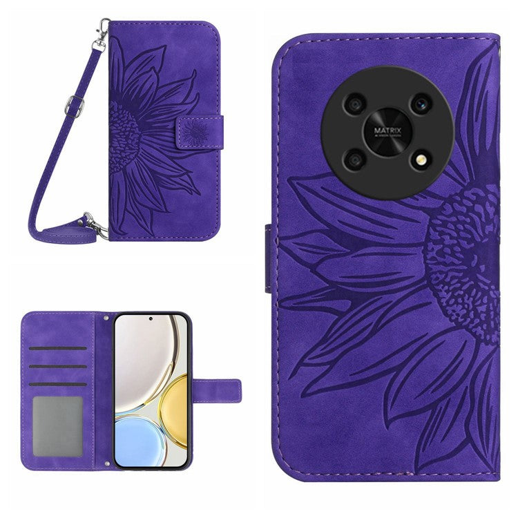 Cell Phone Case For Honor Magic4 Lite 5G, Skin-touch Imprinted Sunflower Phone Cover with Shoulder Strap PU Leather Wallet Stand - Dark Purple