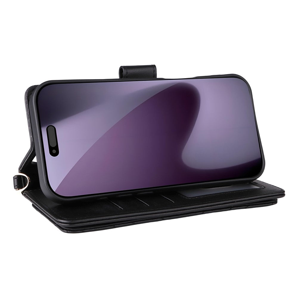 For iPhone 17 Pro Max Case with Shoulder / Wrist Strap Leather Phone Cover Stand Wallet - Black