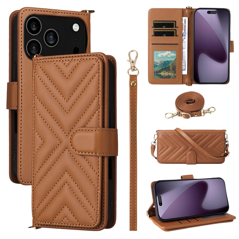 For iPhone 17 Pro Max Case with Shoulder / Wrist Strap Leather Phone Cover Stand Wallet - Brown