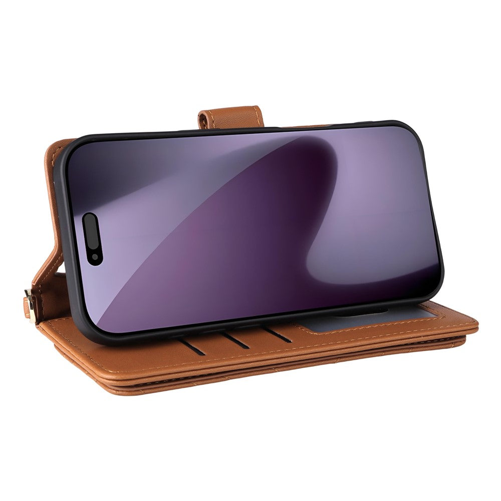 For iPhone 17 Pro Max Case with Shoulder / Wrist Strap Leather Phone Cover Stand Wallet - Brown