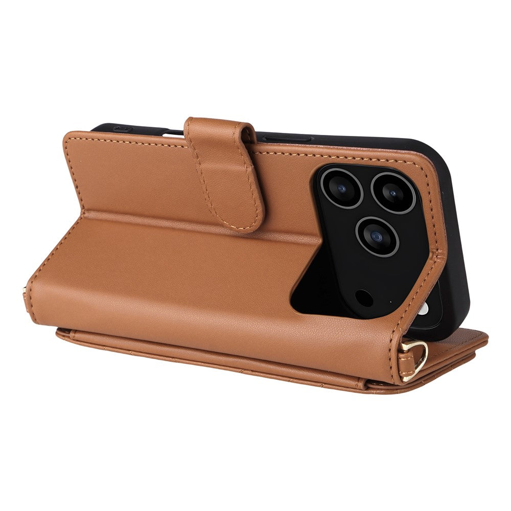 For iPhone 17 Pro Max Case with Shoulder / Wrist Strap Leather Phone Cover Stand Wallet - Brown