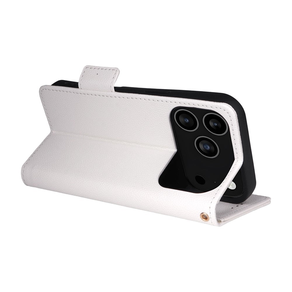 For iPhone 17 Pro Max Case with Wrist Strap Litchi Texture PU Leather Wallet Phone Cover - White