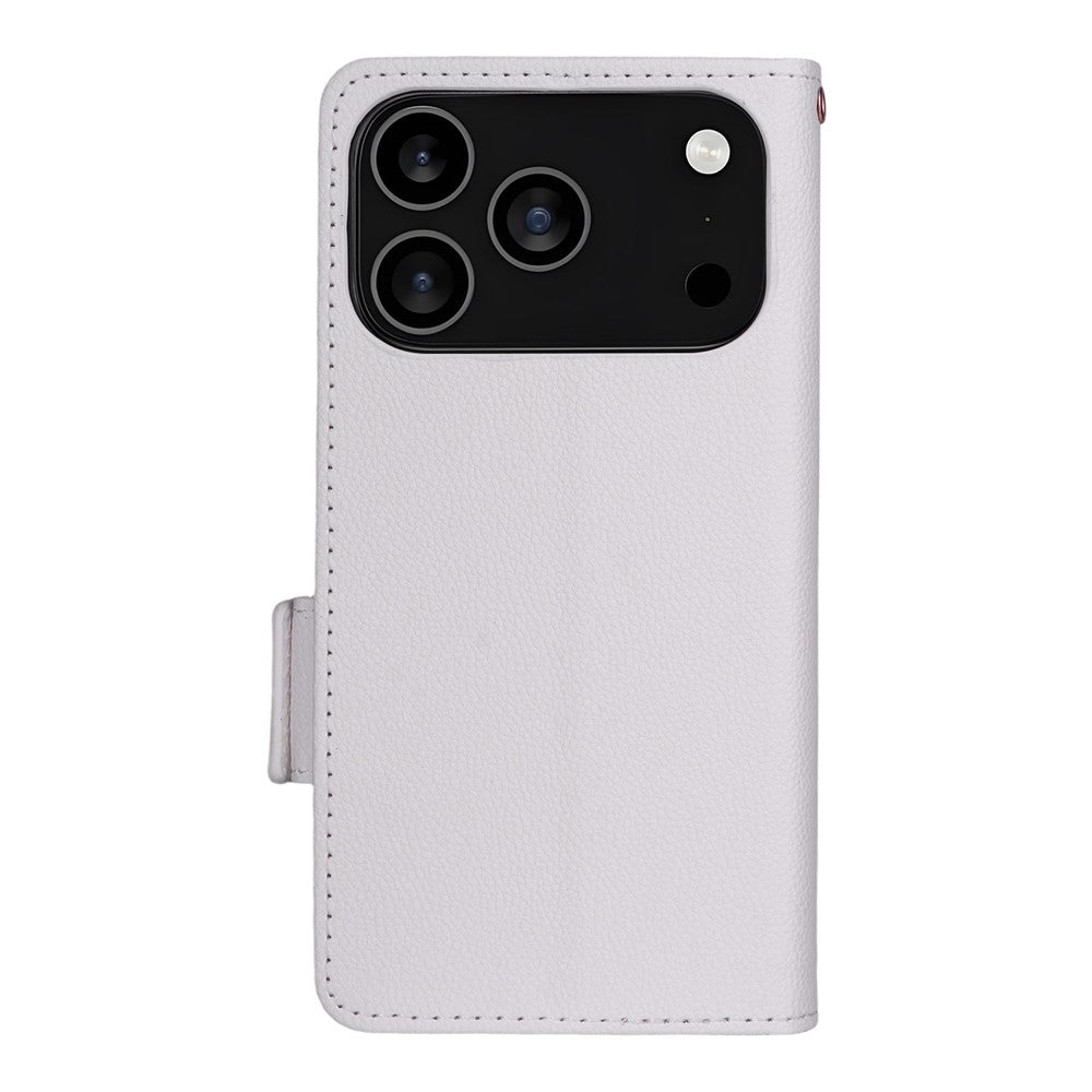For iPhone 17 Pro Max Case with Wrist Strap Litchi Texture PU Leather Wallet Phone Cover - White