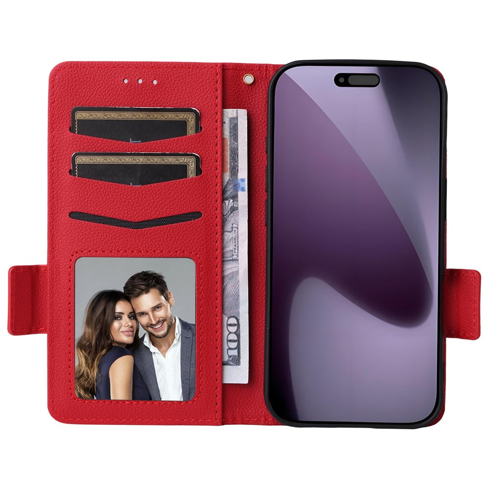 For iPhone 17 Pro Max Case with Wrist Strap Litchi Texture PU Leather Wallet Phone Cover - Red