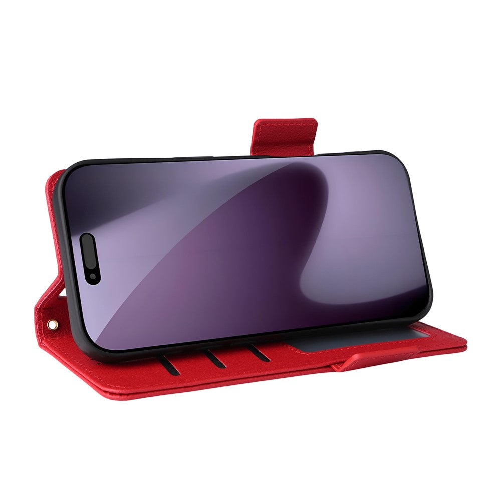 For iPhone 17 Pro Max Case with Wrist Strap Litchi Texture PU Leather Wallet Phone Cover - Red