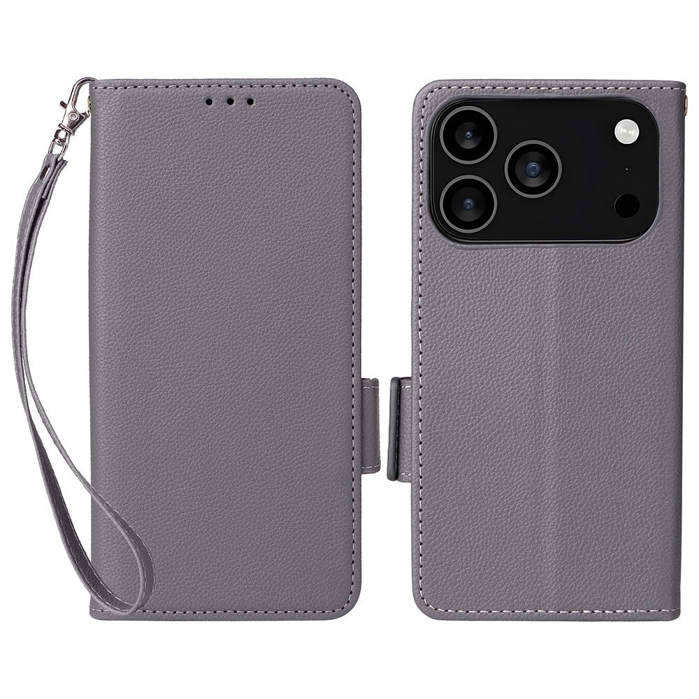 For iPhone 17 Pro Max Case with Wrist Strap Litchi Texture PU Leather Wallet Phone Cover - Grey