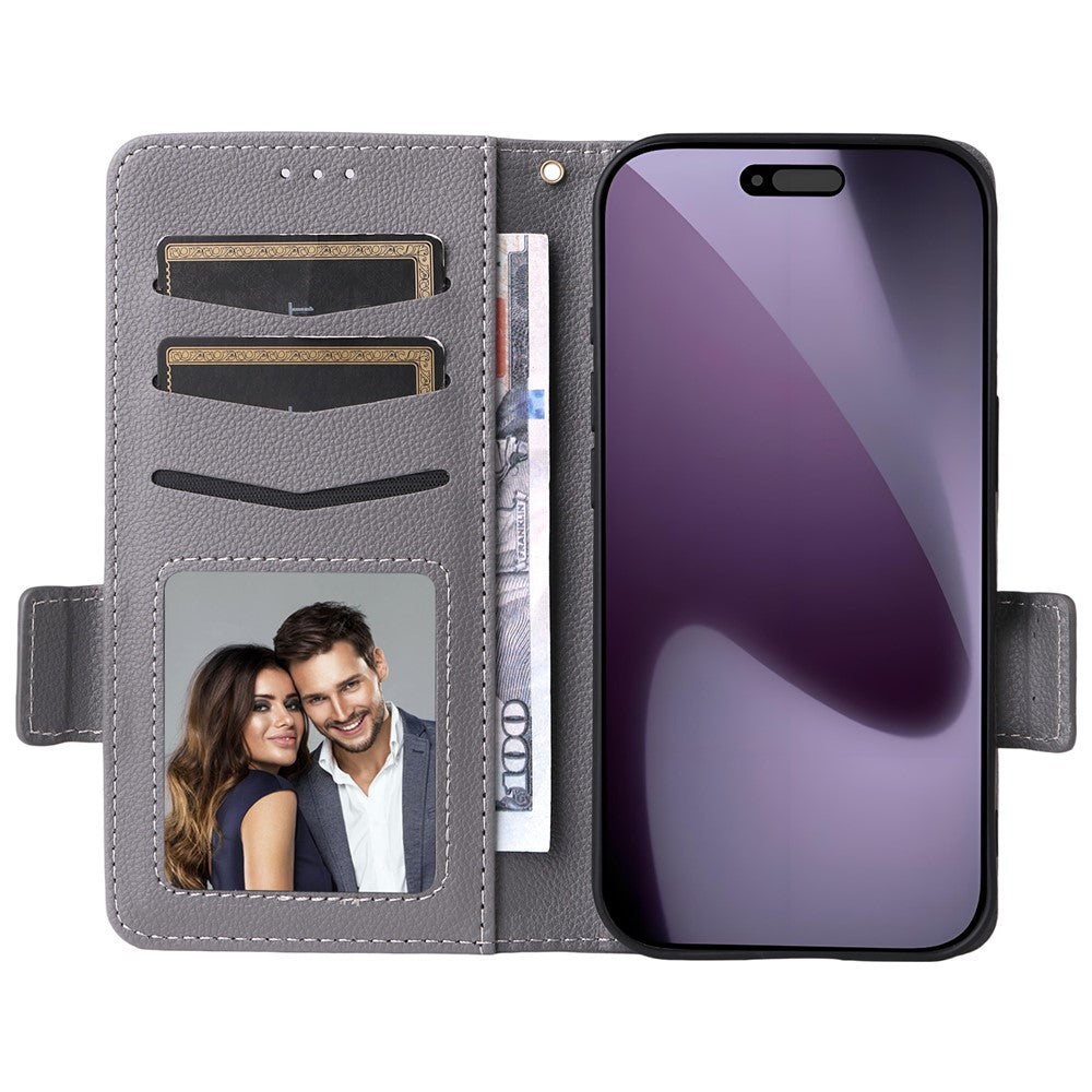 For iPhone 17 Pro Max Case with Wrist Strap Litchi Texture PU Leather Wallet Phone Cover - Grey