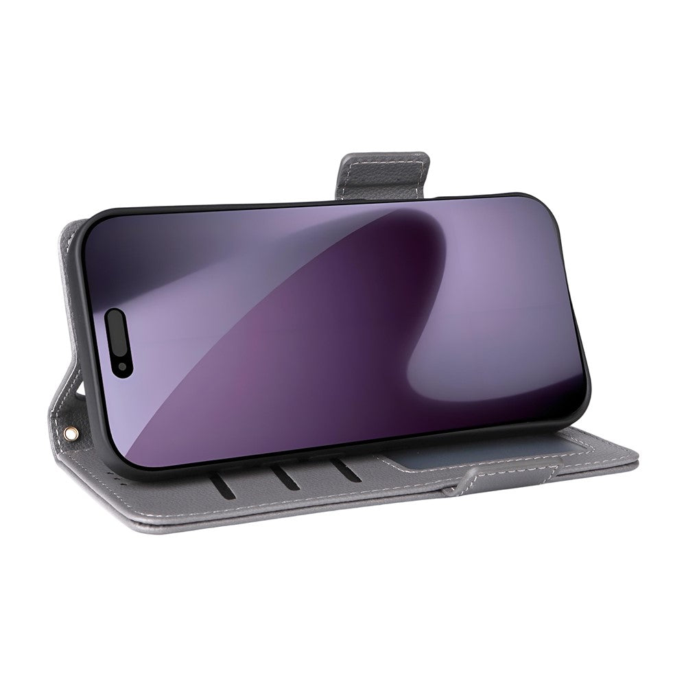 For iPhone 17 Pro Max Case with Wrist Strap Litchi Texture PU Leather Wallet Phone Cover - Grey