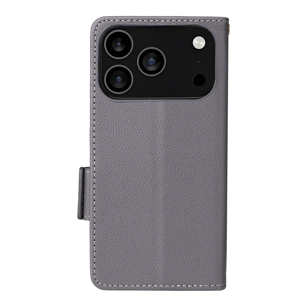 For iPhone 17 Pro Max Case with Wrist Strap Litchi Texture PU Leather Wallet Phone Cover - Grey