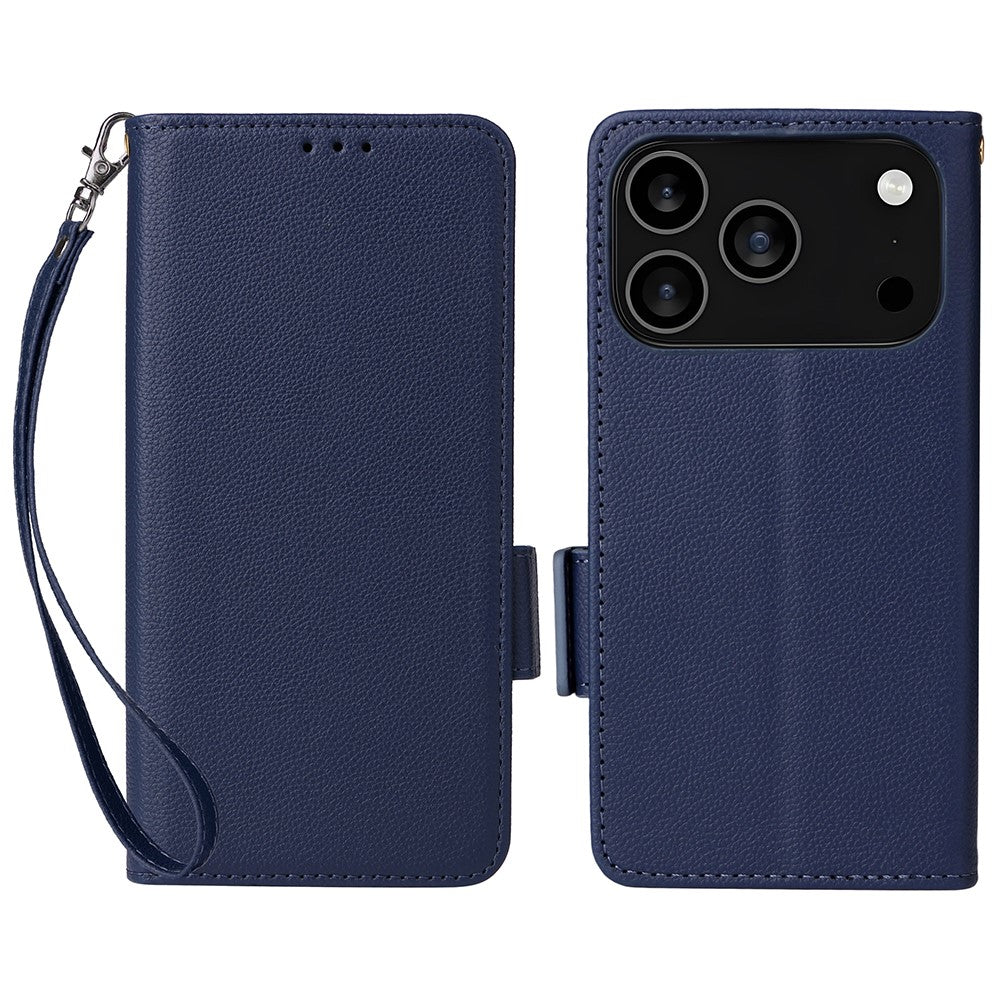 For iPhone 17 Pro Max Case with Wrist Strap Litchi Texture PU Leather Wallet Phone Cover - Dark Blue