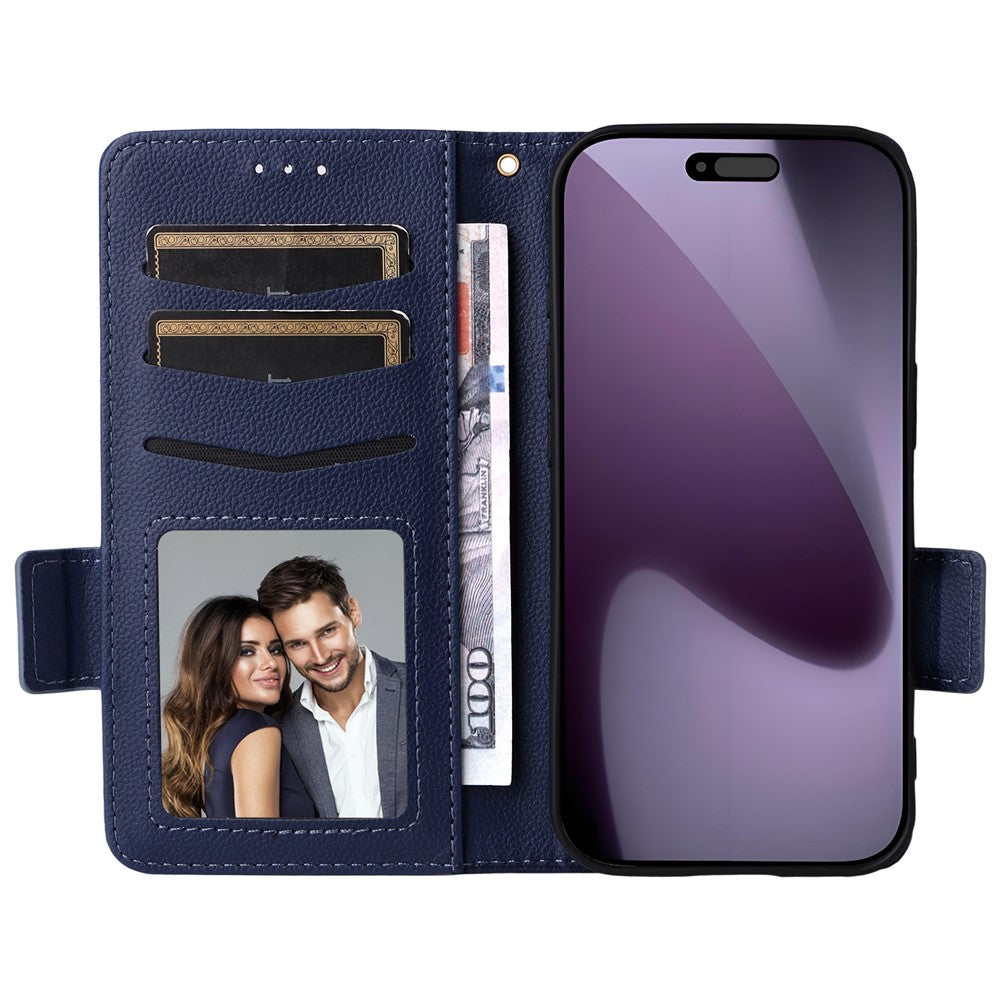 For iPhone 17 Pro Max Case with Wrist Strap Litchi Texture PU Leather Wallet Phone Cover - Dark Blue