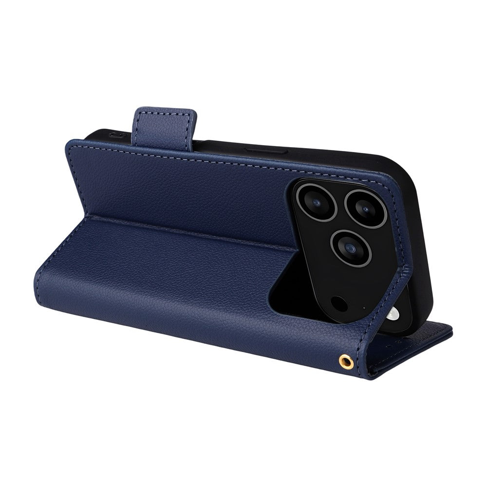 For iPhone 17 Pro Max Case with Wrist Strap Litchi Texture PU Leather Wallet Phone Cover - Dark Blue