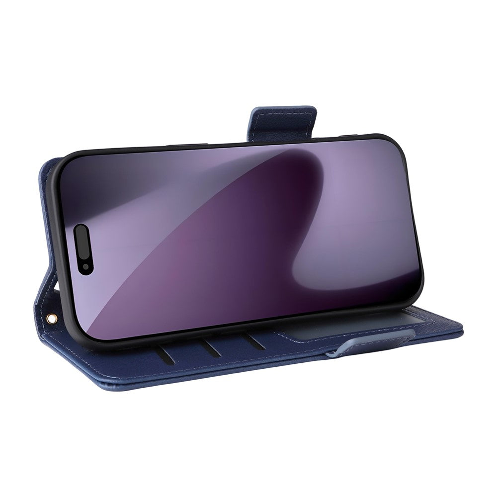 For iPhone 17 Pro Max Case with Wrist Strap Litchi Texture PU Leather Wallet Phone Cover - Dark Blue