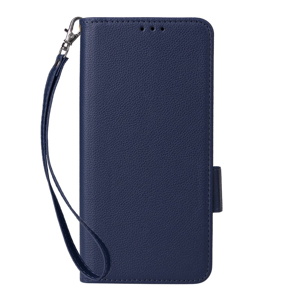 For iPhone 17 Pro Max Case with Wrist Strap Litchi Texture PU Leather Wallet Phone Cover - Dark Blue