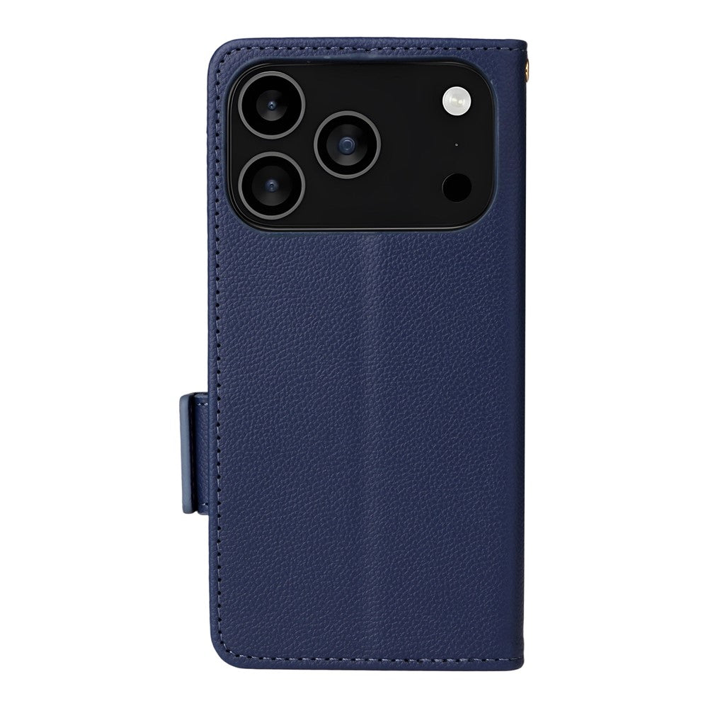 For iPhone 17 Pro Max Case with Wrist Strap Litchi Texture PU Leather Wallet Phone Cover - Dark Blue