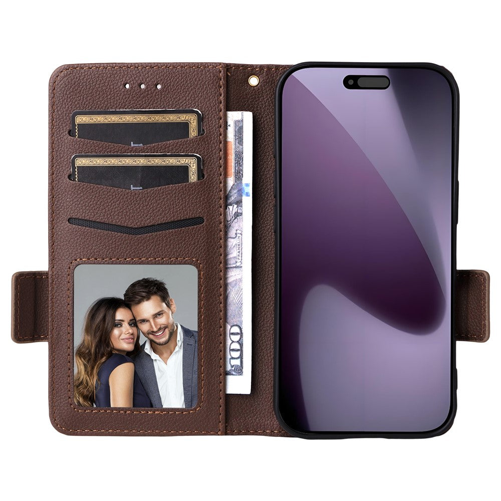 For iPhone 17 Pro Max Case with Wrist Strap Litchi Texture PU Leather Wallet Phone Cover - Brown