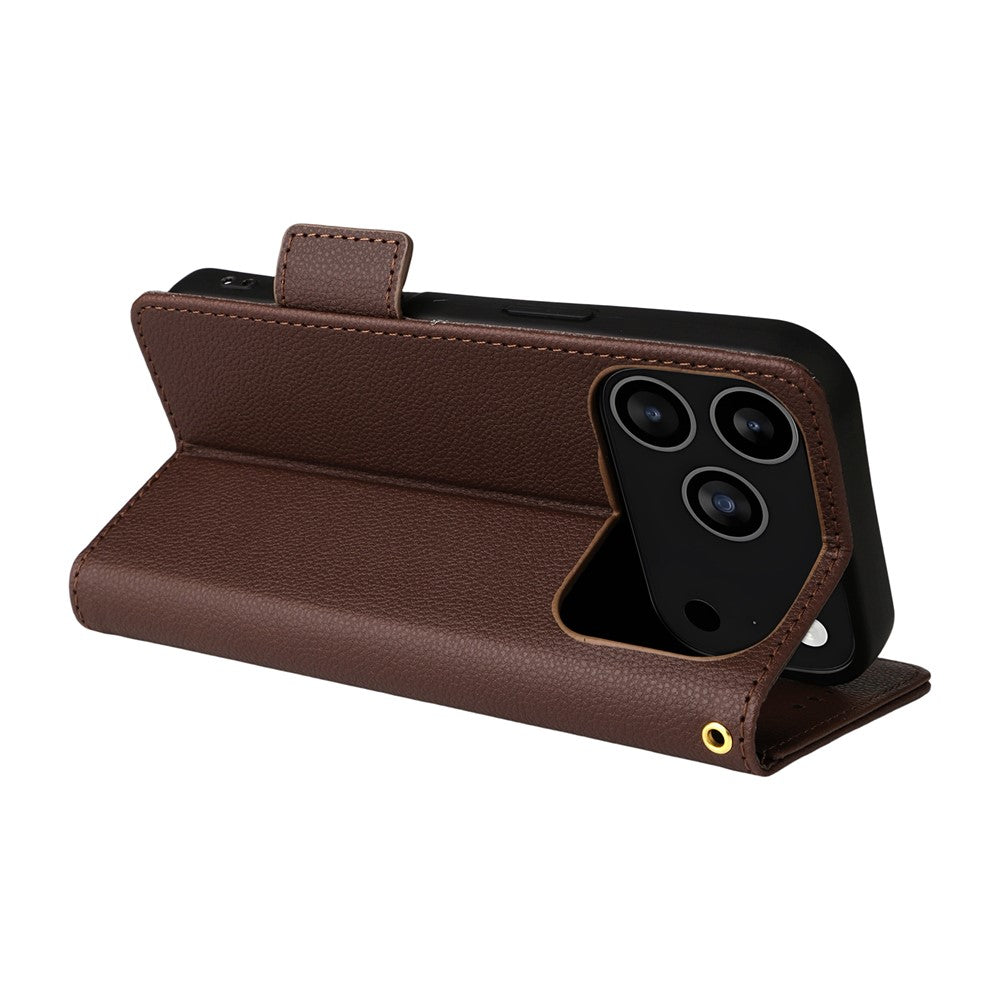 For iPhone 17 Pro Max Case with Wrist Strap Litchi Texture PU Leather Wallet Phone Cover - Brown