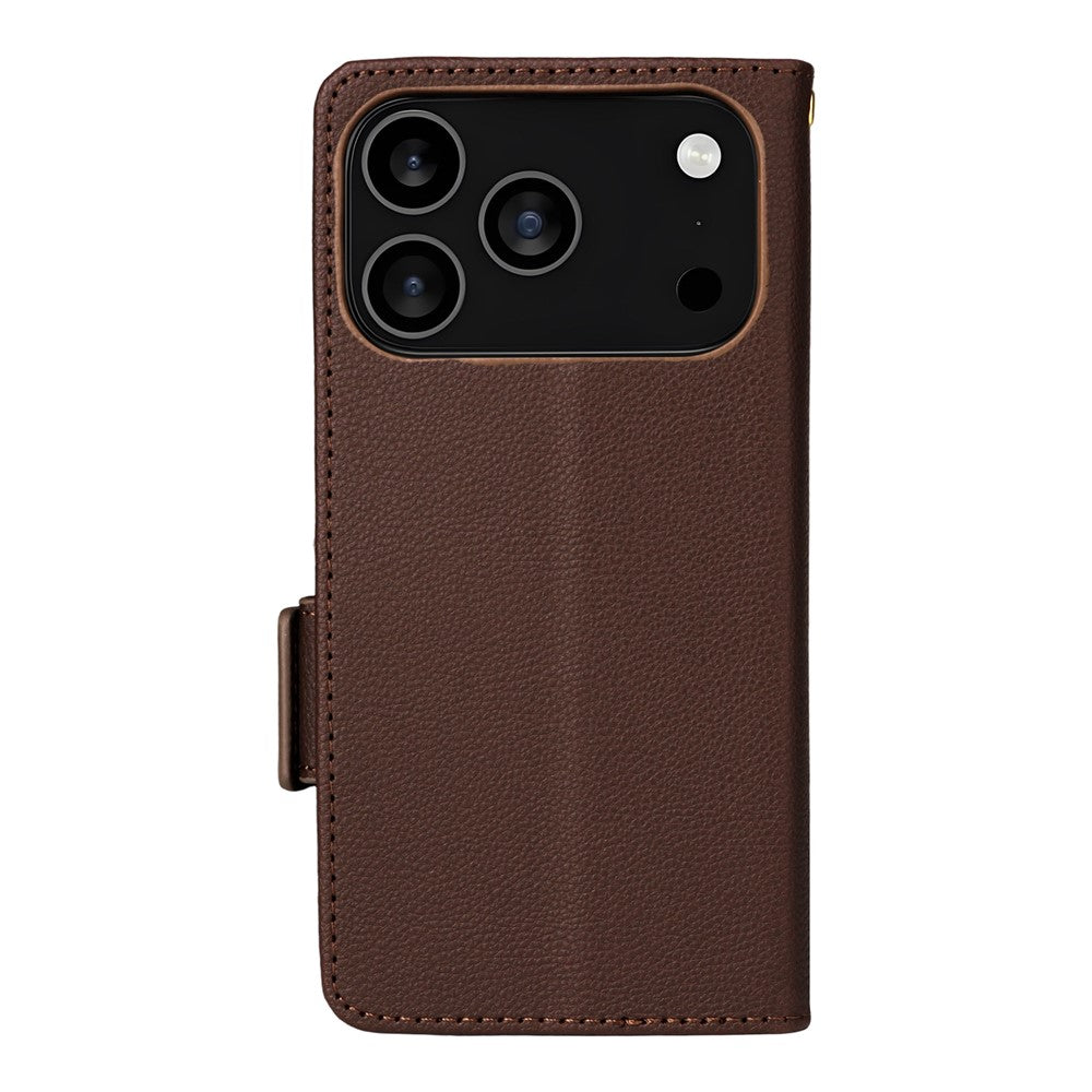 For iPhone 17 Pro Max Case with Wrist Strap Litchi Texture PU Leather Wallet Phone Cover - Brown