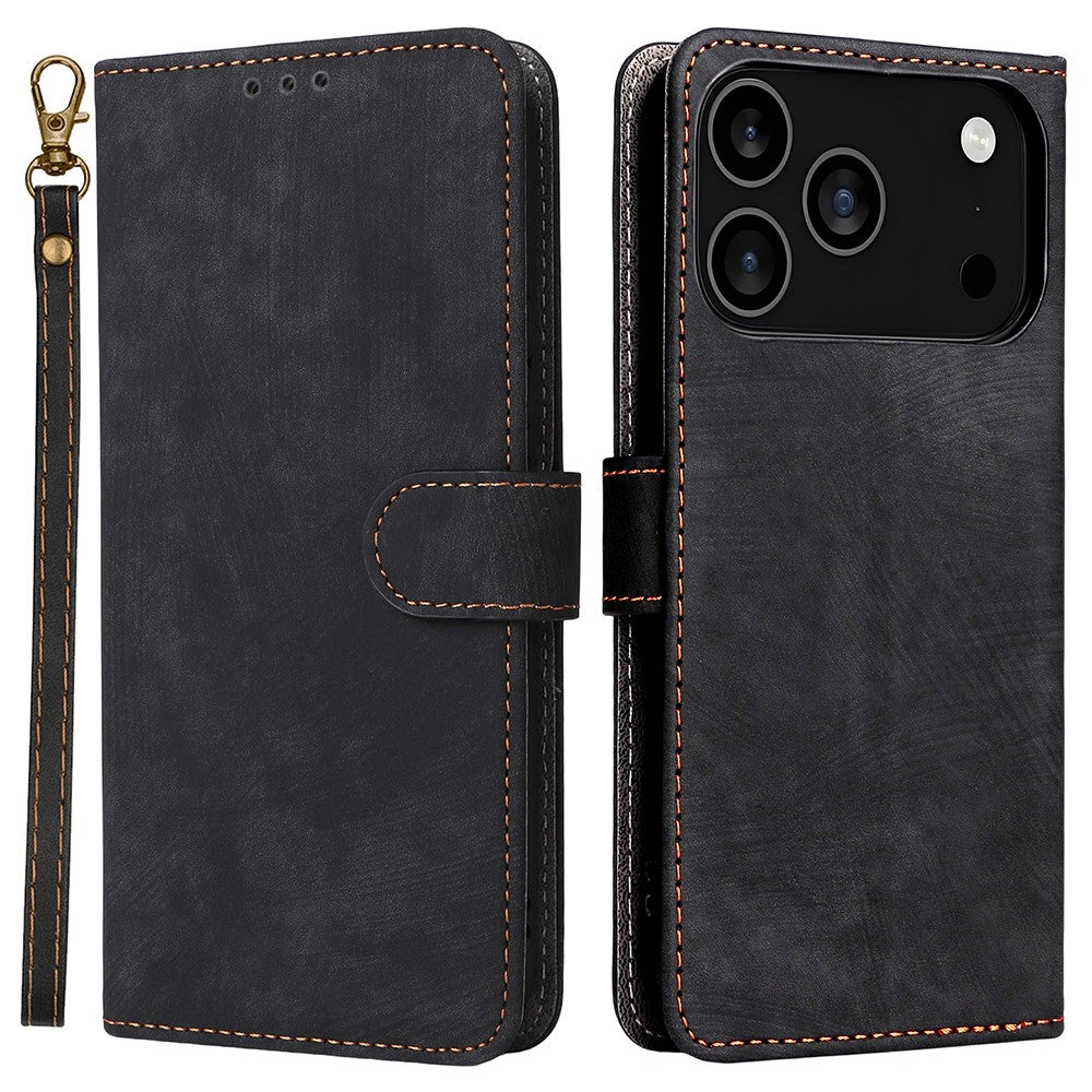 For iPhone 17 Pro Max Case Wallet RFID Blocking PU Leather Phone Cover Stand with Strap - Black