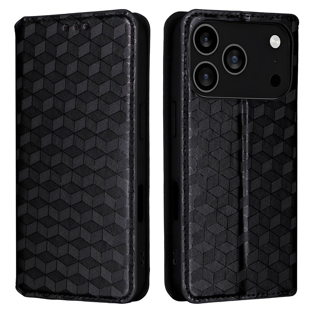 For iPhone 17 Pro Max Case Wallet Rhombus Imprinted Leather Phone Cover - Black
