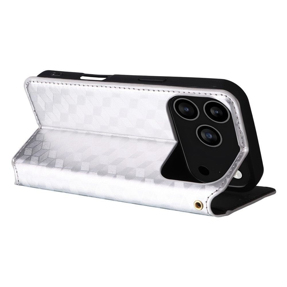 For iPhone 17 Pro Max Case Wallet Rhombus Imprinted Leather Phone Cover - Silver