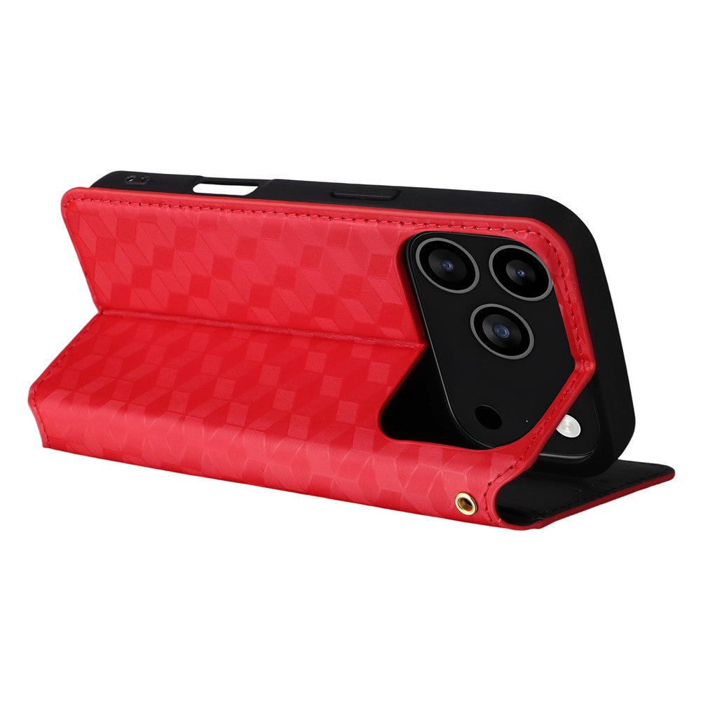 For iPhone 17 Pro Max Case Wallet Rhombus Imprinted Leather Phone Cover - Red