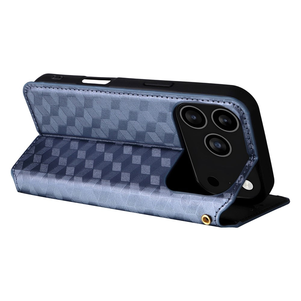 For iPhone 17 Pro Max Case Wallet Rhombus Imprinted Leather Phone Cover - Blue