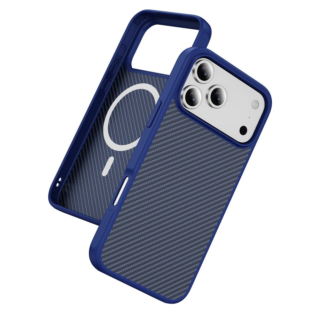 For iPhone 17 Pro Max Case Carbon Fiber Texture PC + TPU Phone Cover Compatible with MagSafe - Blue