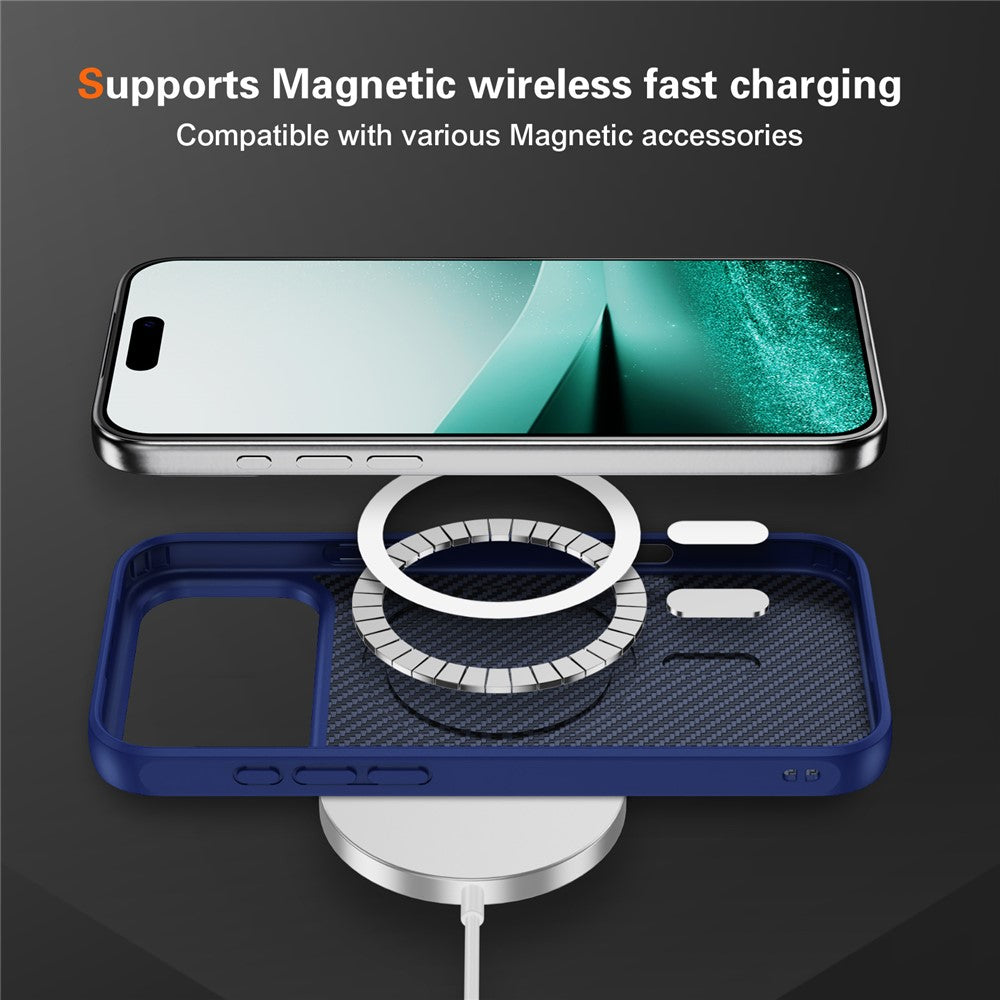 For iPhone 17 Pro Max Case Carbon Fiber Texture PC + TPU Phone Cover Compatible with MagSafe - Blue