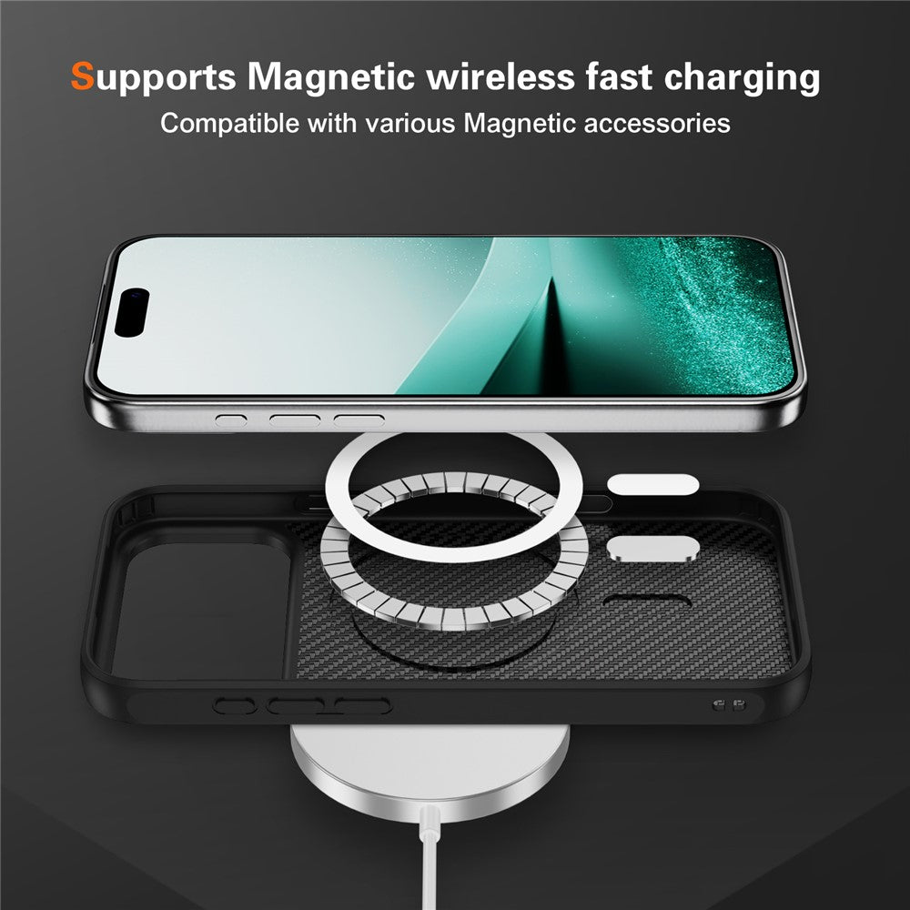 For iPhone 17 Pro Max Case Carbon Fiber Texture PC + TPU Phone Cover Compatible with MagSafe - Black