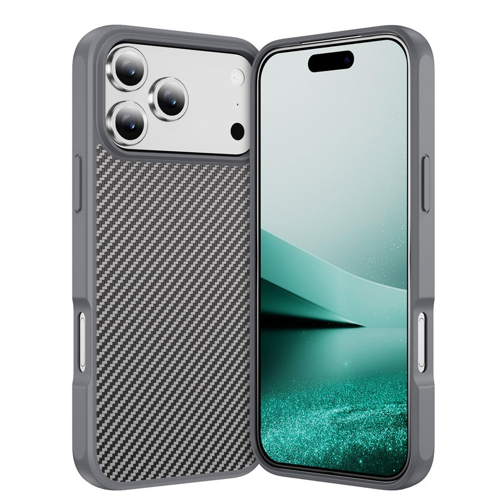 For iPhone 17 Pro Max Case Carbon Fiber Texture PC + TPU Phone Cover Compatible with MagSafe - Grey