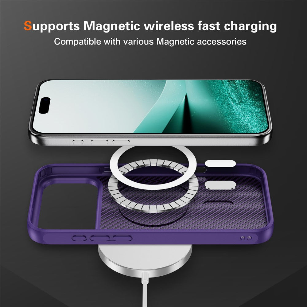 For iPhone 17 Pro Max Case Carbon Fiber Texture PC + TPU Phone Cover Compatible with MagSafe - Purple