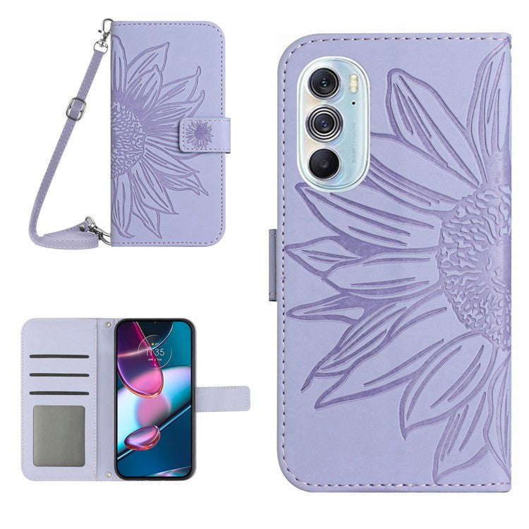 For Motorola Edge 30 Pro (Motorola Edge+ (2022)) Imprinted Sunflower Phone Case, Overall Coverage Skin-touch PU Leather Wallet Stand Magnetic Cover with Shoulder Strap - Light Purple