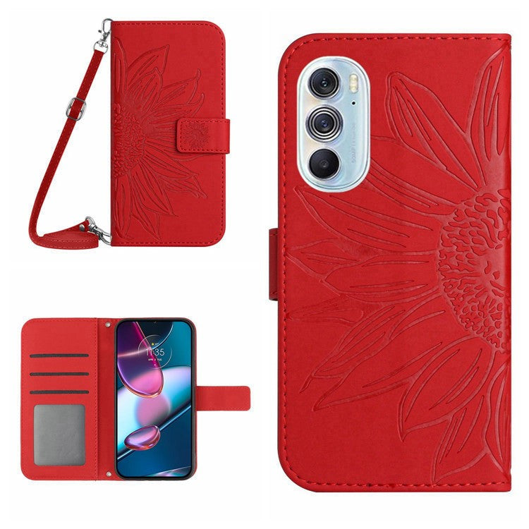 For Motorola Edge 30 Pro (Motorola Edge+ (2022)) Imprinted Sunflower Phone Case, Overall Coverage Skin-touch PU Leather Wallet Stand Magnetic Cover with Shoulder Strap - Red