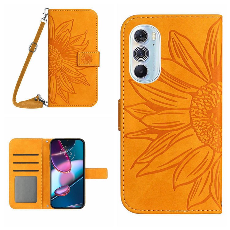 For Motorola Edge 30 Pro (Motorola Edge+ (2022)) Imprinted Sunflower Phone Case, Overall Coverage Skin-touch PU Leather Wallet Stand Magnetic Cover with Shoulder Strap - Yellow