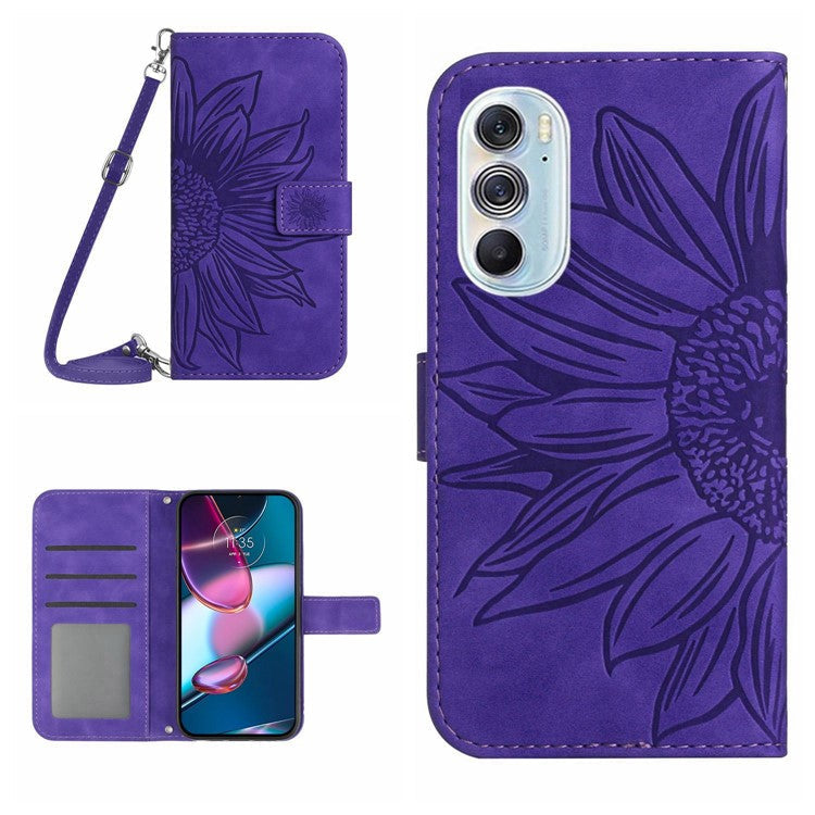 For Motorola Edge 30 Pro (Motorola Edge+ (2022)) Imprinted Sunflower Phone Case, Overall Coverage Skin-touch PU Leather Wallet Stand Magnetic Cover with Shoulder Strap - Dark Purple