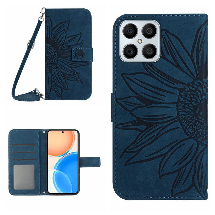For Honor X8 4G HT04 Imprinted Sunflower PU Leather Flip Case Stand Magnetic Shockproof Skin-touch Wallet Phone Cover with Shoulder Strap - Dark Blue