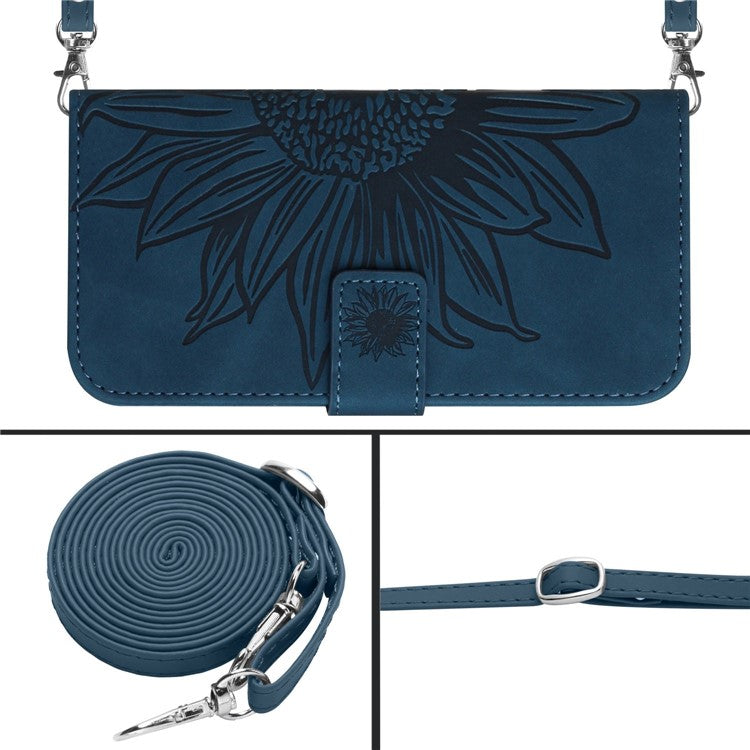 For Honor X8 4G HT04 Imprinted Sunflower PU Leather Flip Case Stand Magnetic Shockproof Skin-touch Wallet Phone Cover with Shoulder Strap - Dark Blue