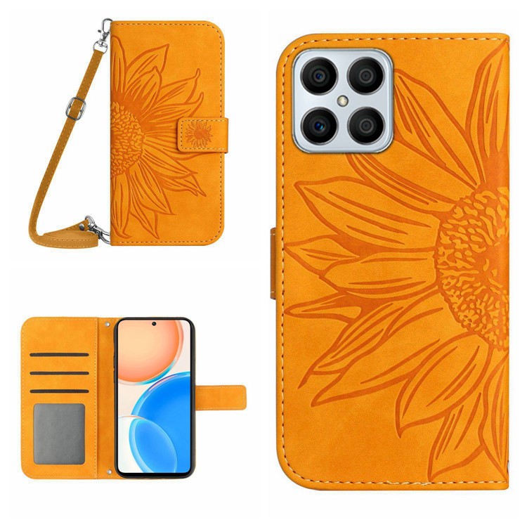 For Honor X8 4G HT04 Imprinted Sunflower PU Leather Flip Case Stand Magnetic Shockproof Skin-touch Wallet Phone Cover with Shoulder Strap - Yellow