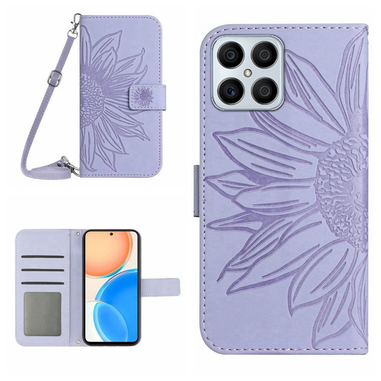 For Honor X8 4G HT04 Imprinted Sunflower PU Leather Flip Case Stand Magnetic Shockproof Skin-touch Wallet Phone Cover with Shoulder Strap - Light Purple