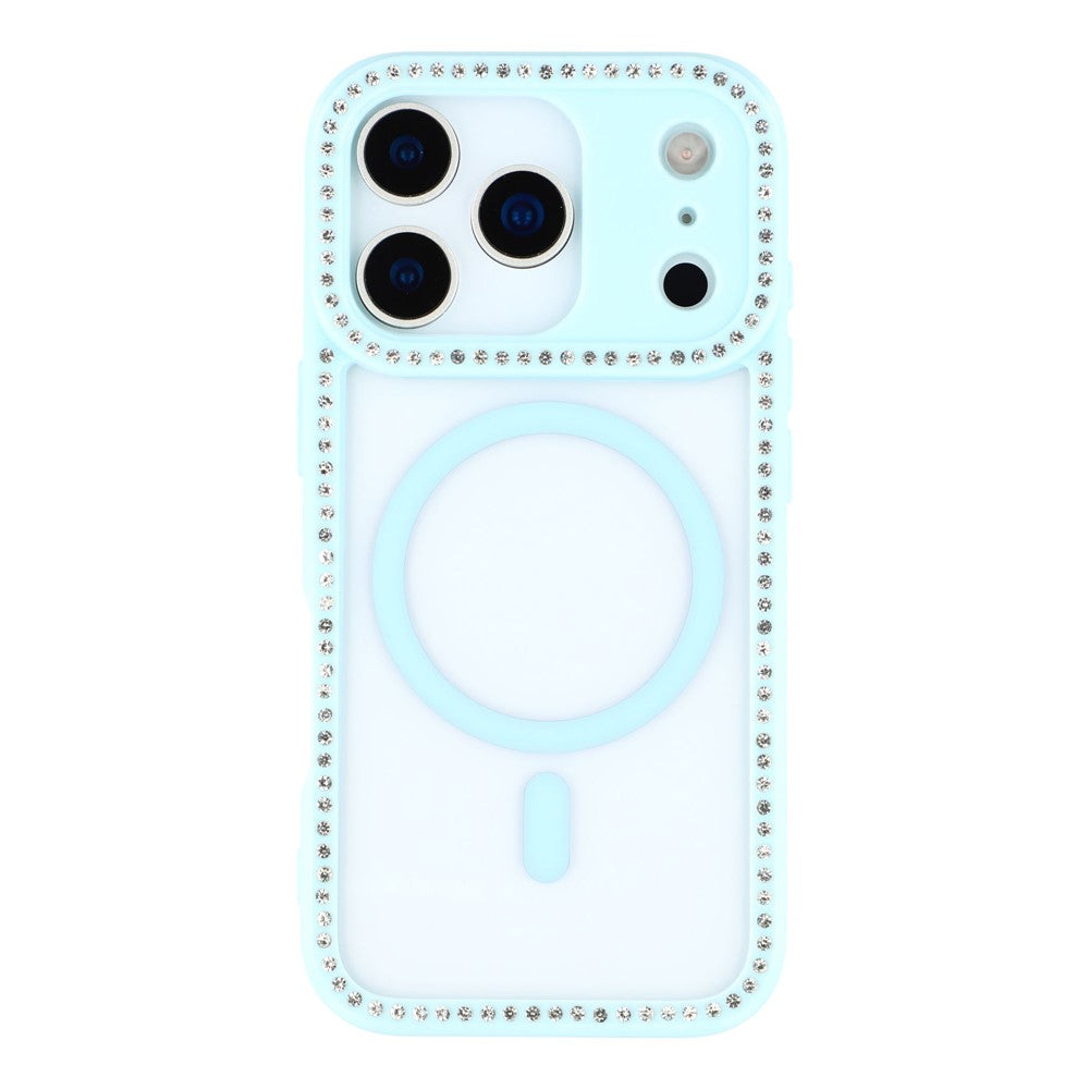 For iPhone 17 Pro Max Case Compatible with MagSafe Sparkling Rhinestone Decor TPU + PC Clear Phone Back Cover - Blue