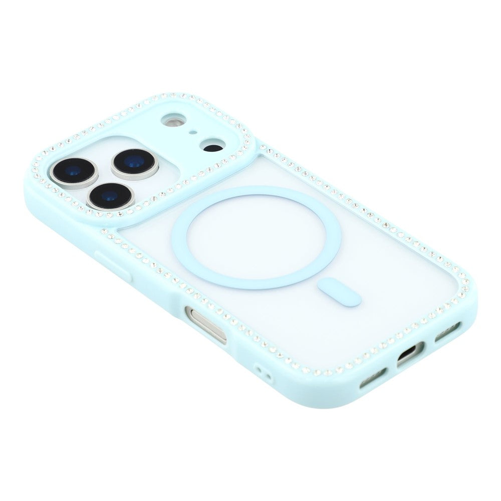For iPhone 17 Pro Max Case Compatible with MagSafe Sparkling Rhinestone Decor TPU + PC Clear Phone Back Cover - Blue